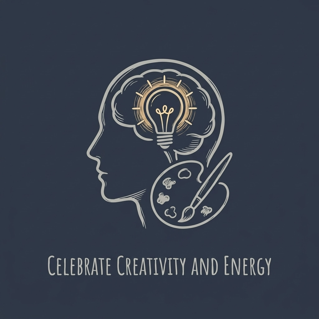 A minimalist, hand-drawn monochromatic icon of an artist's palette and a lightbulb, representing 'Celebrate Creativity and Energy'.