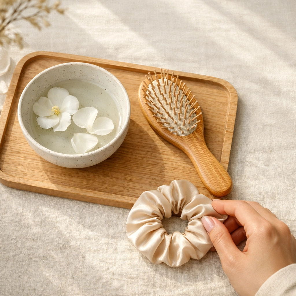 Minimalist vanity with a wooden hairbrush and camellia petals for a non-toxic Japanese hair care ritual.