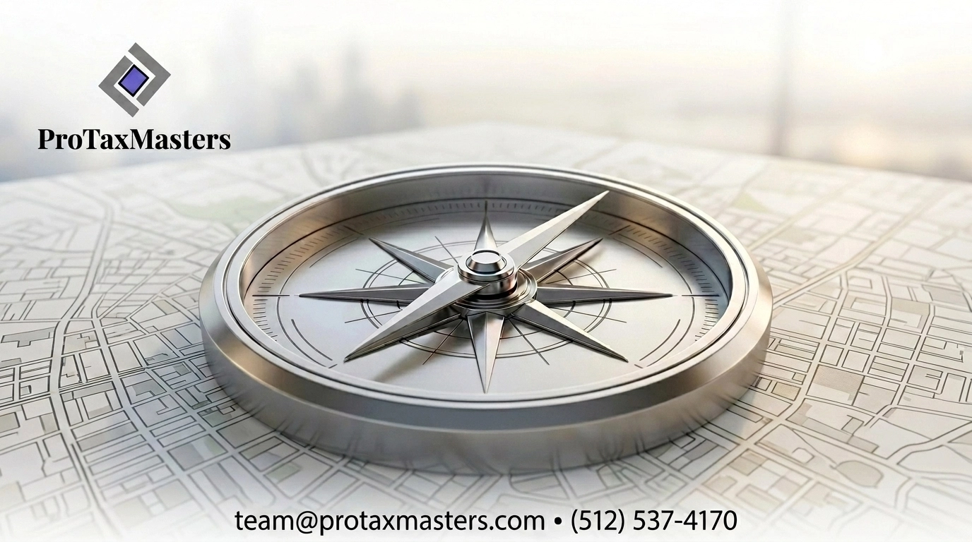 Glowing compass on a city map symbolizing expert tax planning and financial guidance.