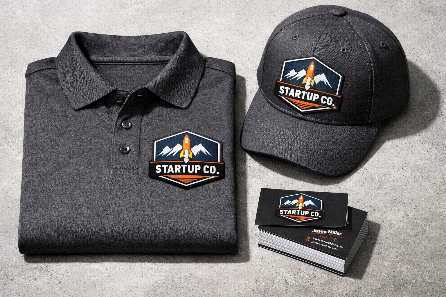 Professional business startup branding kit featuring custom embroidered polo, hat, and business cards.