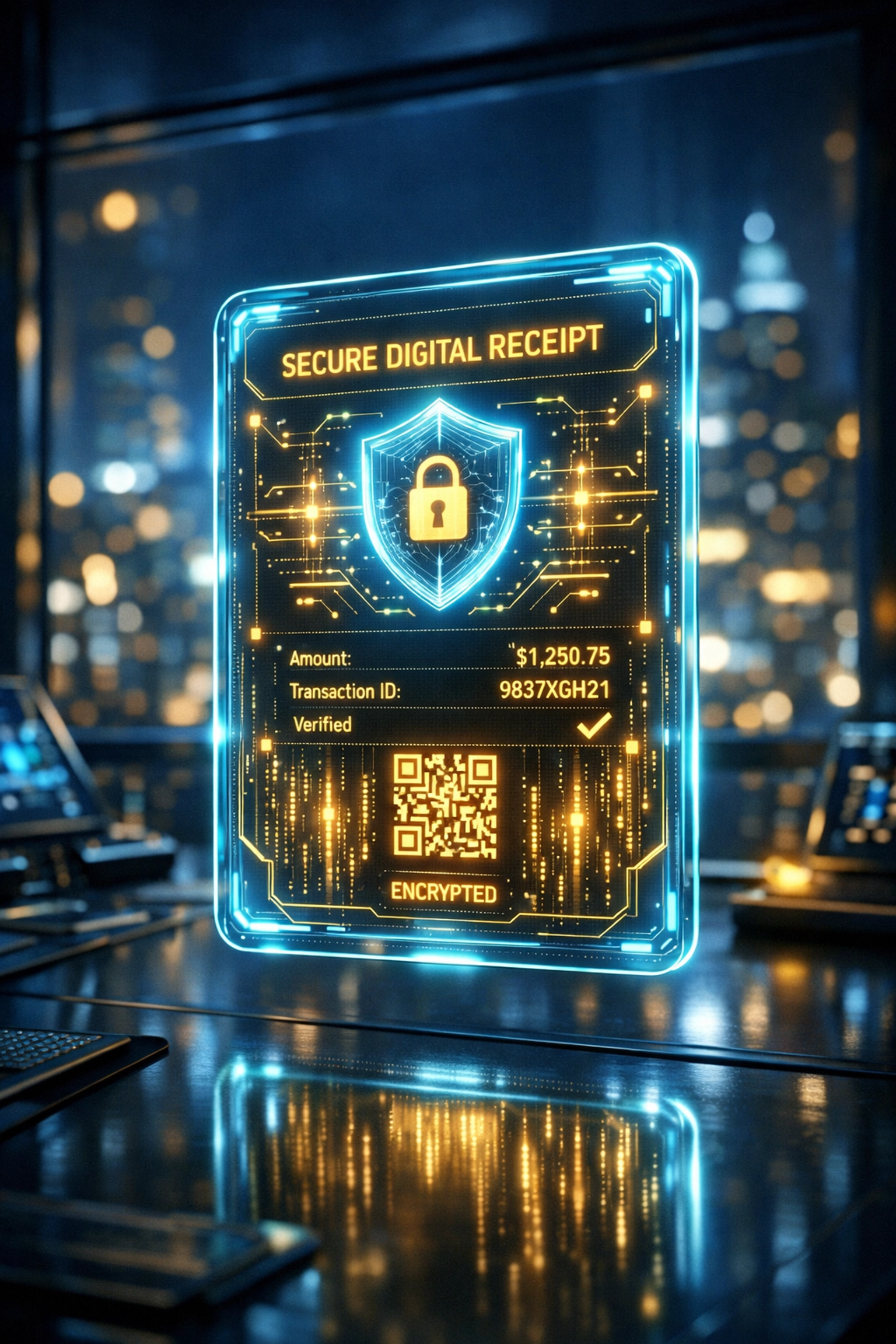 Digital NFT receipt shown on a glowing interface for secure Web3 transactions and transparent business accounting.
