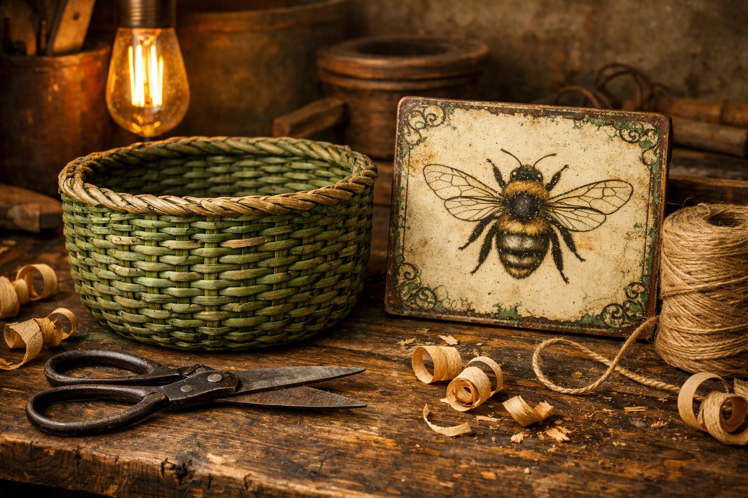 Handcrafted green woven basket and artisan bee tin sign on a rustic wooden workbench.
