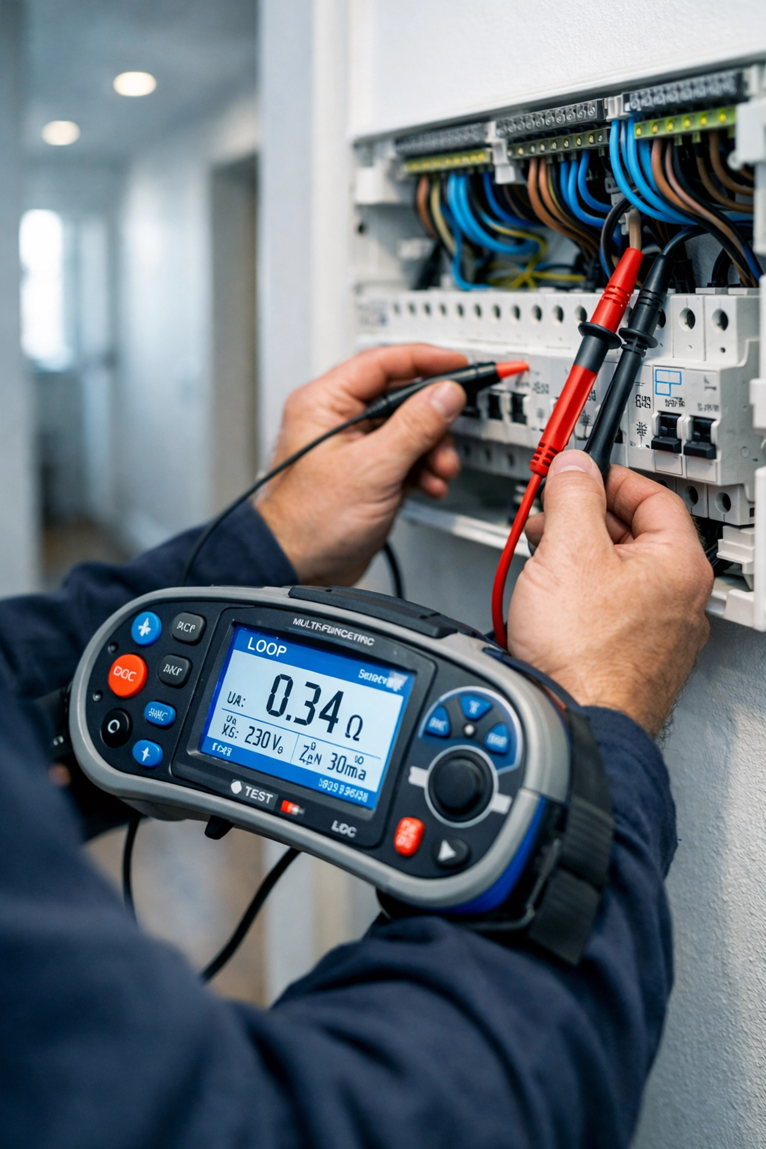 Qualified electrician using a digital tester during an EICR inspection on a modern home consumer unit.