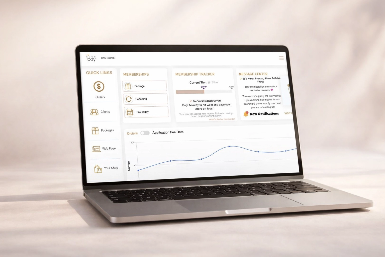 The Salon Pay Dashboard on a laptop, where owners can easily manage their shop and web page settings