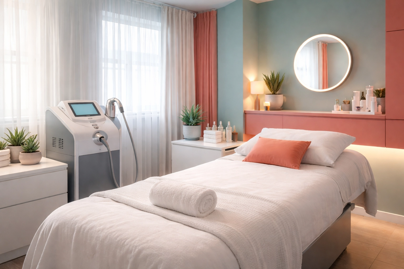 Modern laser hair removal room emphasizing privacy and comfort for trans friendly salon services