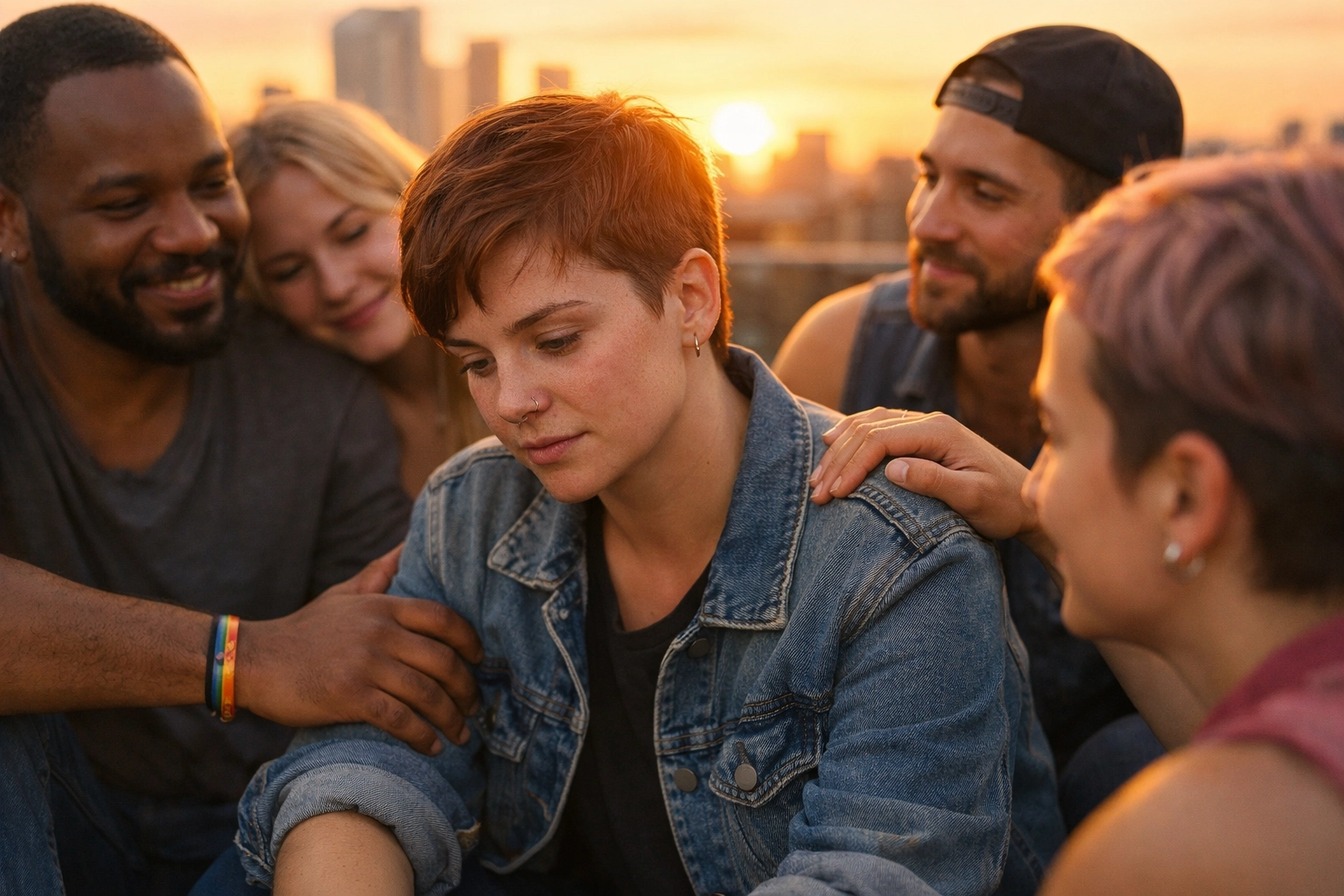 Supportive LGBTQ+ friends comfort a man on a rooftop, illustrating the strength of chosen family.