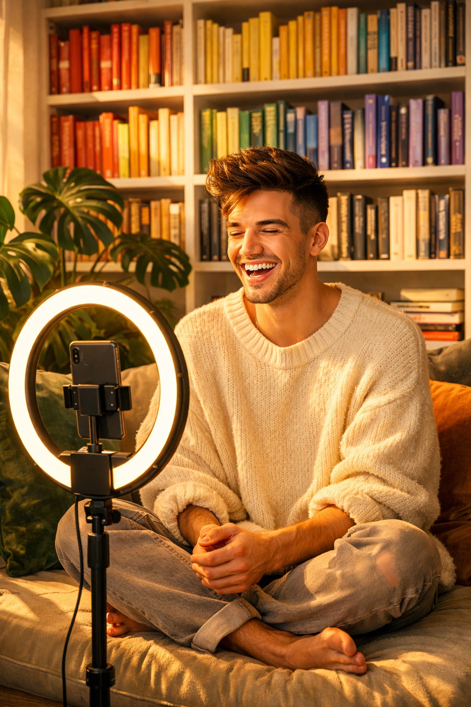 A queer content creator filming a book review in a cozy reading nook with rainbow bookshelves.