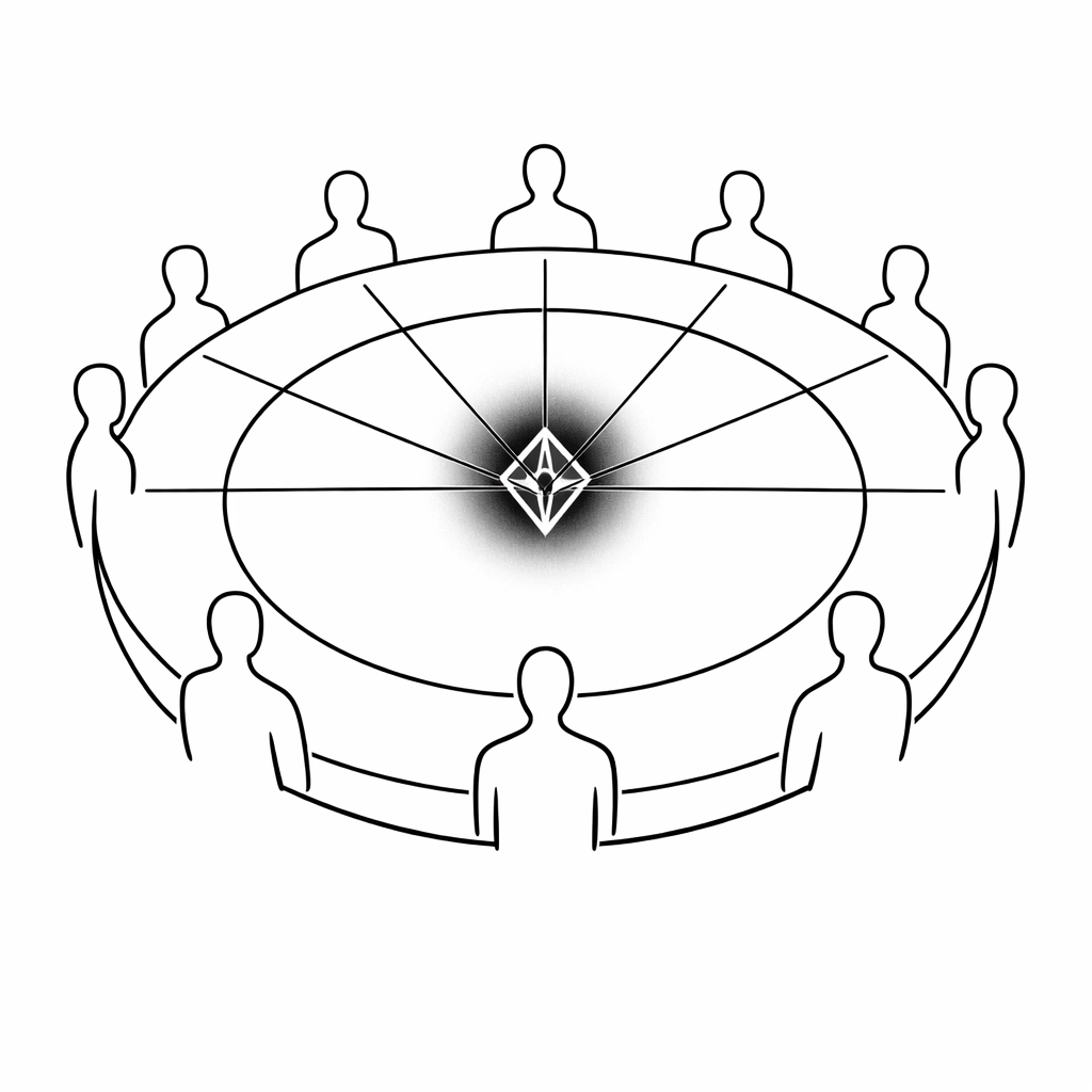 Minimalist line art of a leadership team aligned in a Level 10 meeting, illustrating group social proof.