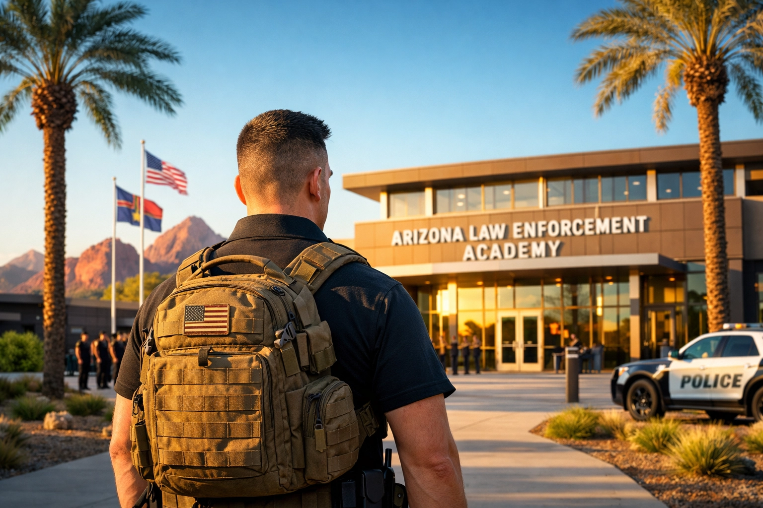 Military veteran entering an Arizona law enforcement training academy for school resource officer certification. Military veteran entering an Arizona law enforcement training academy for school resource officer certification.