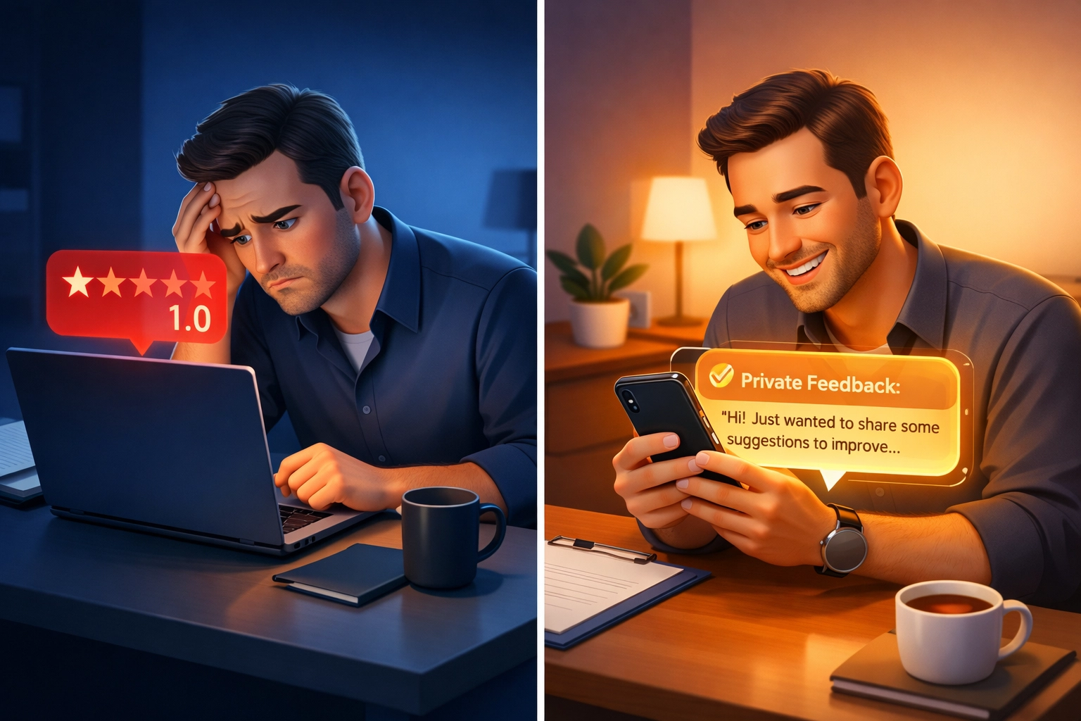 Review filtering comparison: public negative review vs private feedback