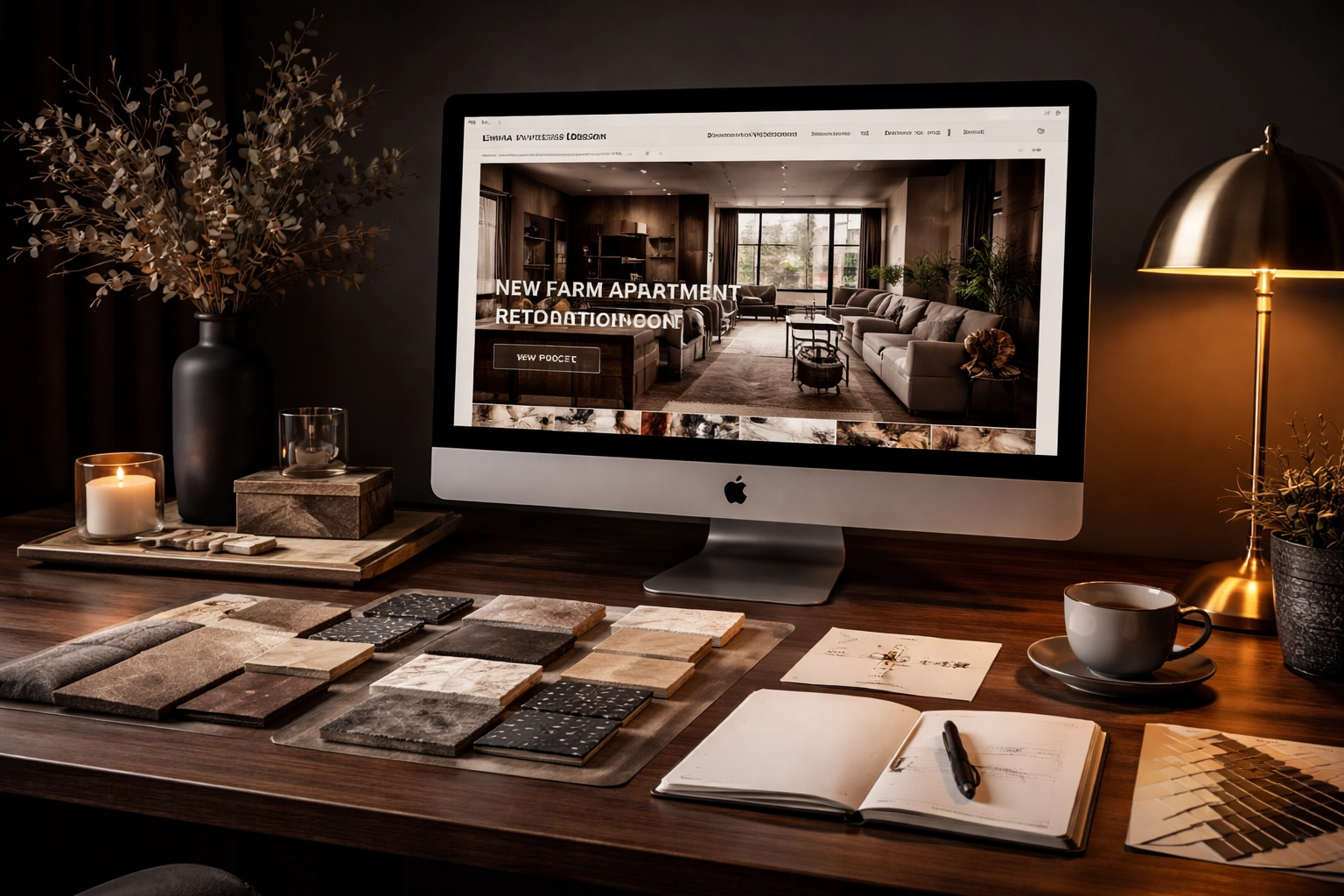 Brisbane interior designer workspace with portfolio of New Farm apartment on monitor and design samples displayed