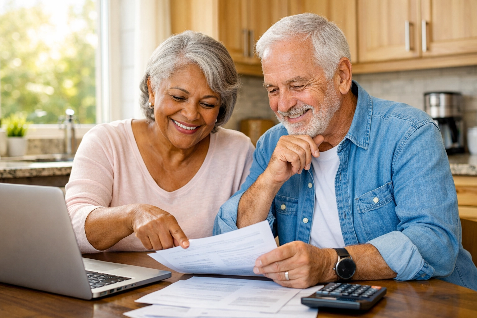 Senior couple planning retirement finances and reviewing reverse mortgage benefits at home