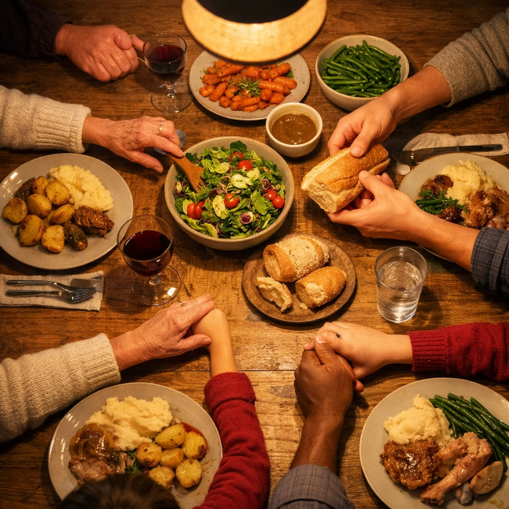 Phone-free family dinner with hands reaching across table, practicing intentional connection