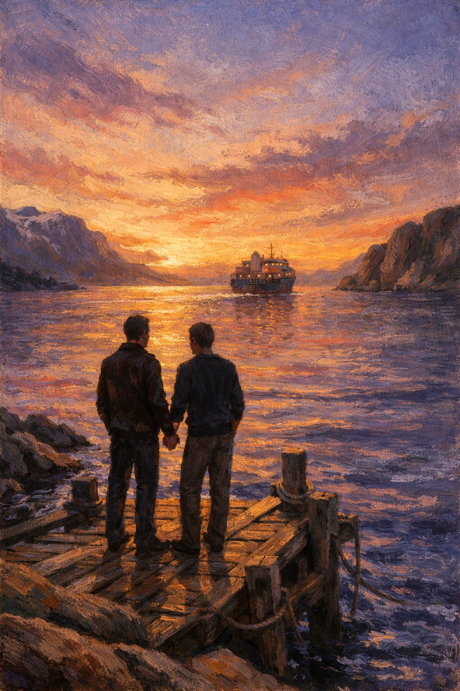 Emotional gay romance scene of a couple on a pier watching a ship depart at sunset.