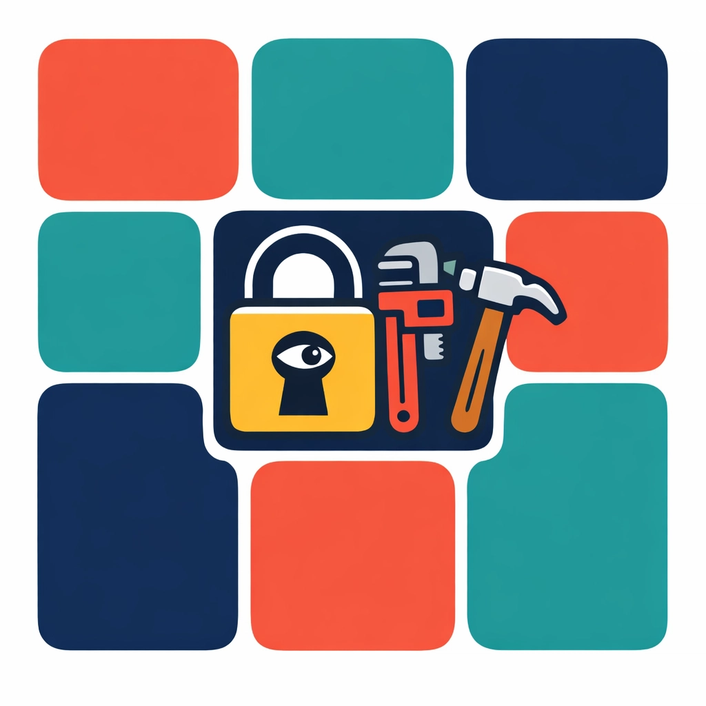 App icons and a padlock with an eye monitoring trade tools, representing invasive business app permissions.