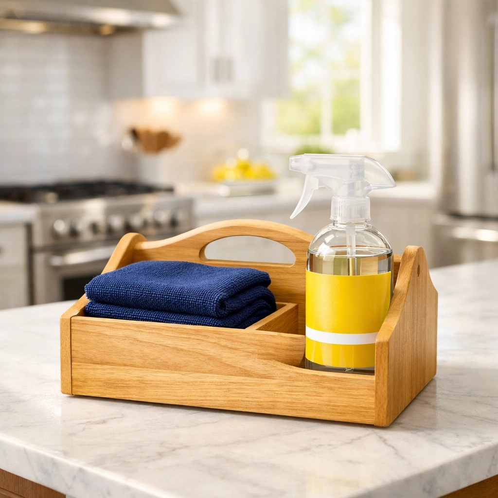 Professional cleaning supplies and microfiber cloth on a kitchen island for House Cleaning Auburn MA.