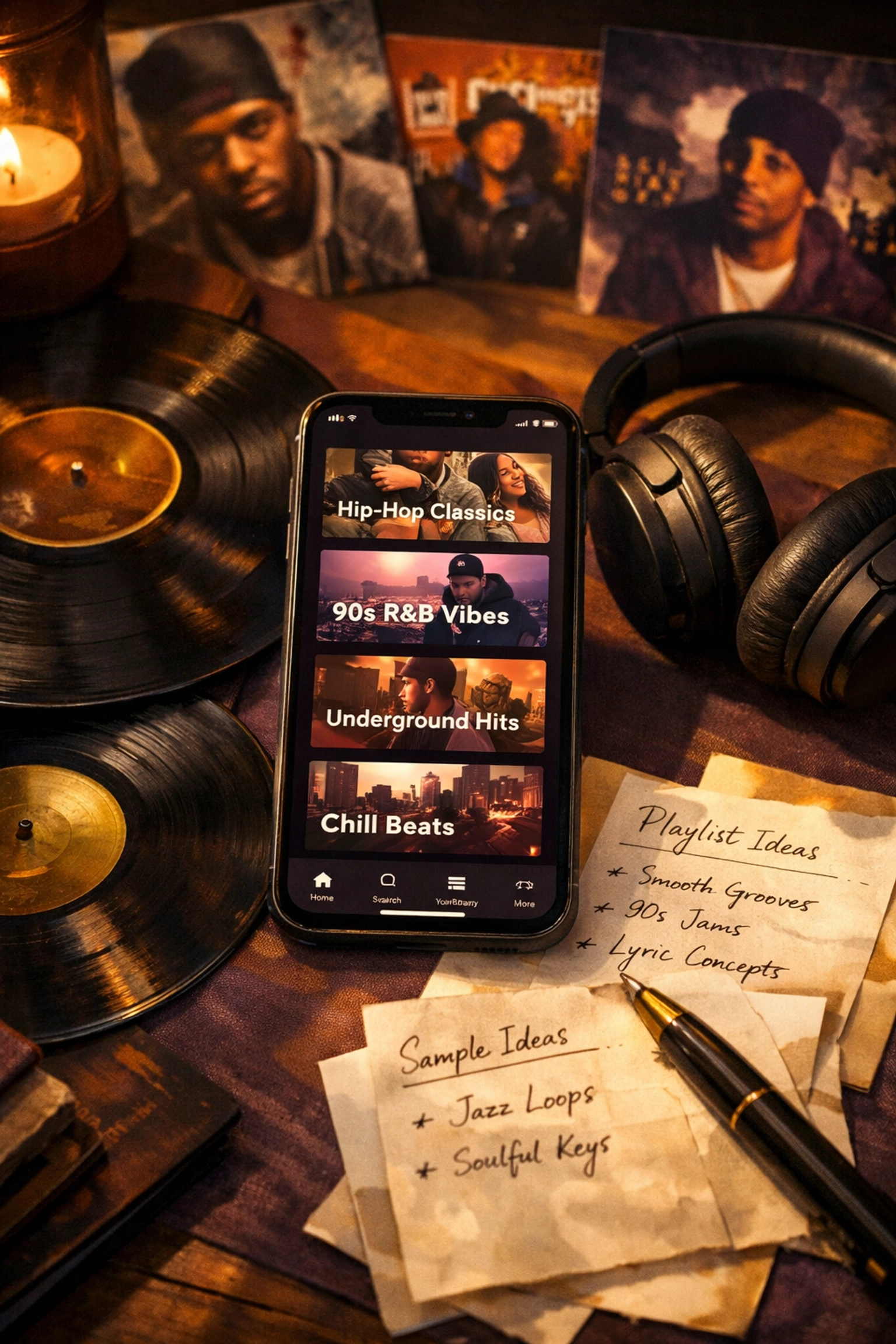 Music curation workspace with streaming playlists, vinyl records, and headphones