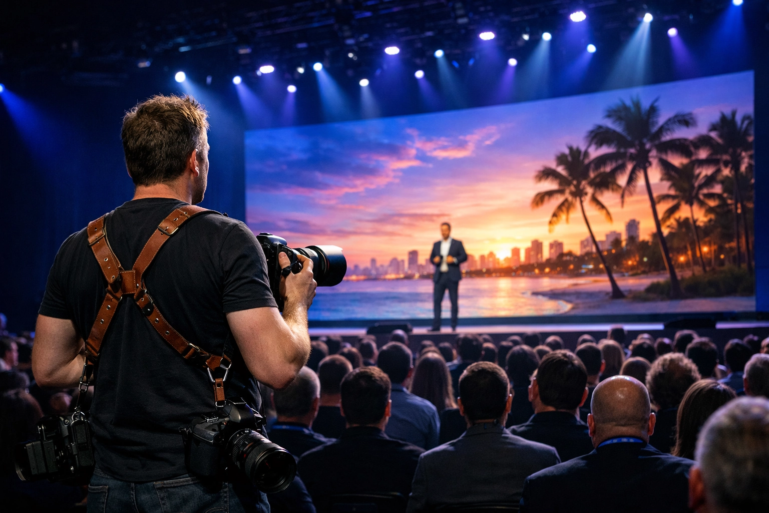 Professional conference photographer Miami capturing a keynote speaker at a high-stakes corporate event.