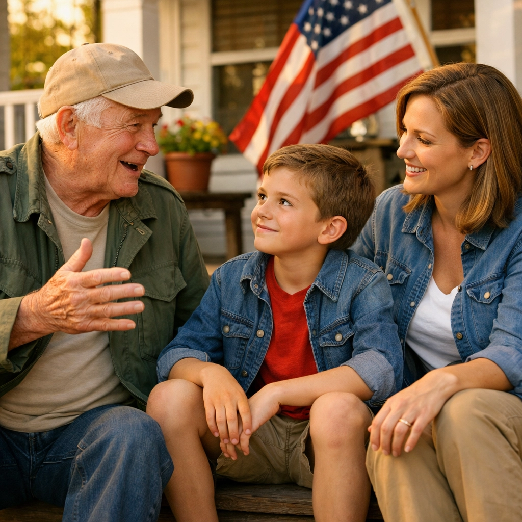 Family sharing patriotic traditions and American history across three generations on a suburban porch.