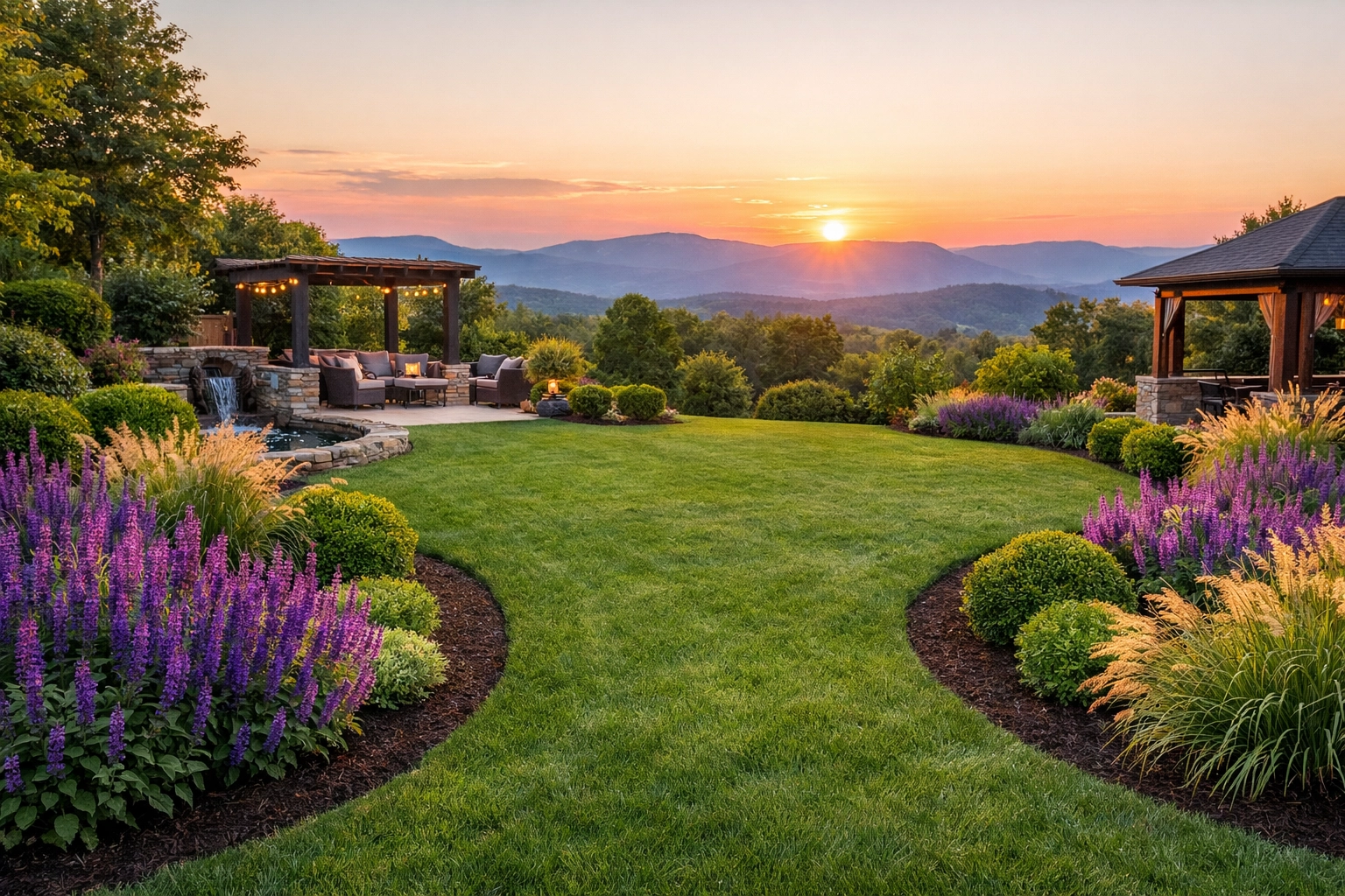 Professional landscaping chattanooga featuring curved garden beds and a lush lawn for residential properties.