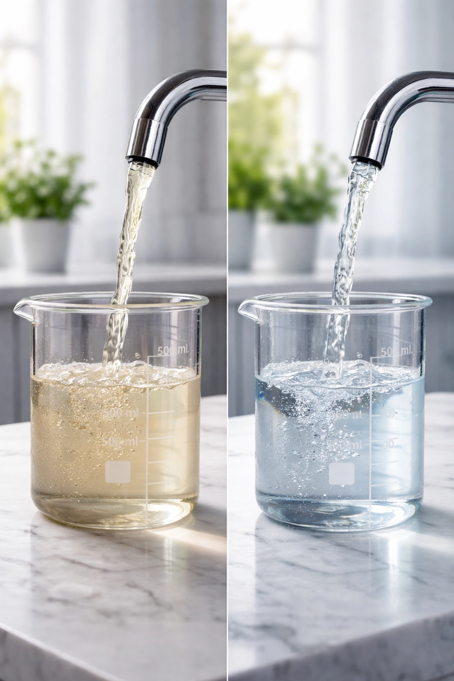 Glass of water poured into a beaker highlights fluoride choices in tap water and water purification in 2026.