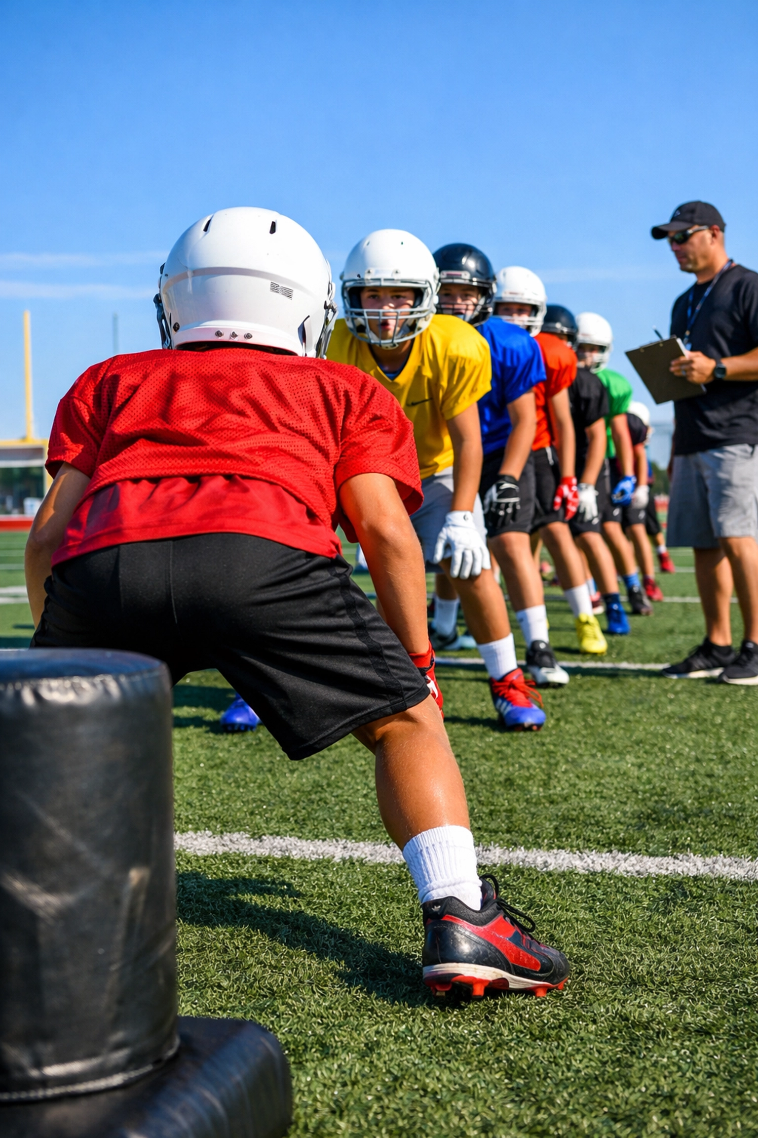 Middle school football players lined up at showcase drill station