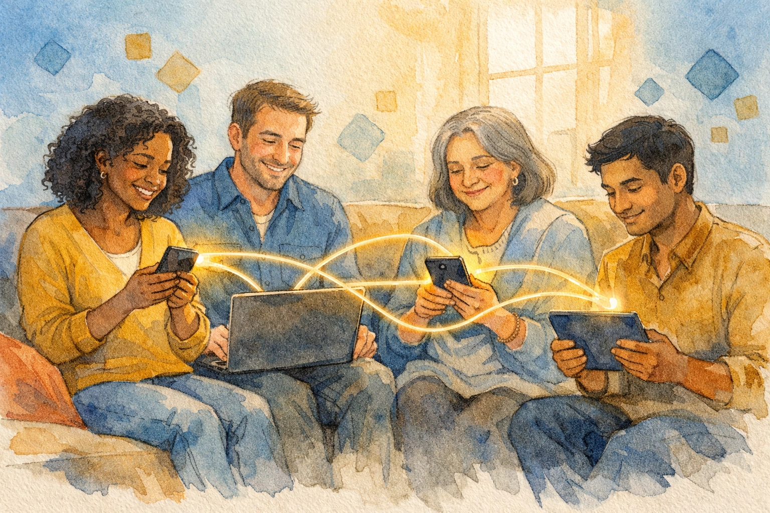 Diverse group connecting through smartphones and laptops, representing digital missionaries sharing faith online