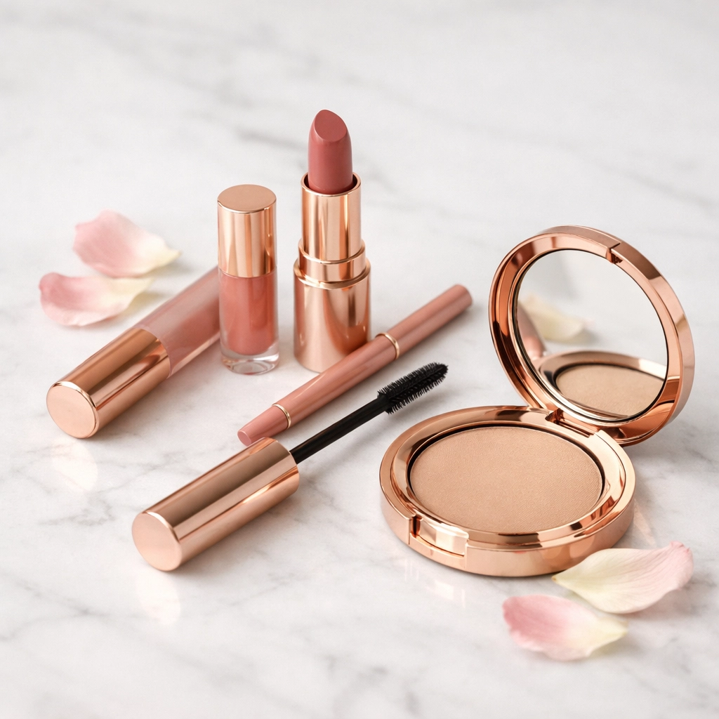 Clean beauty makeup products including natural mascara and lip products on marble surface