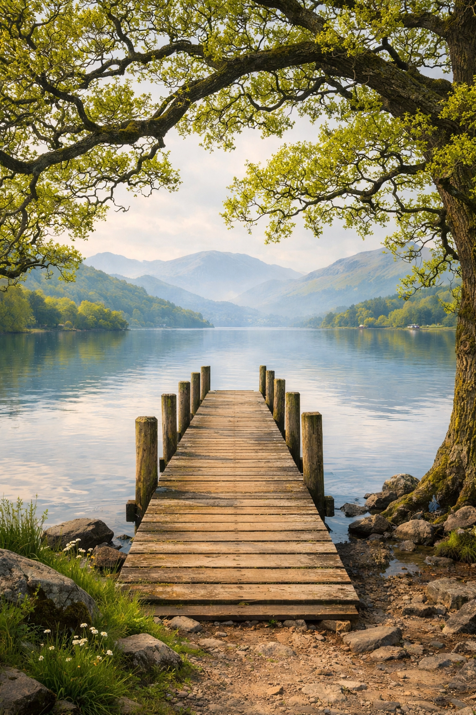 Tranquil lake shoreline with a wooden jetty and spring oak trees in the Lake District National Park.