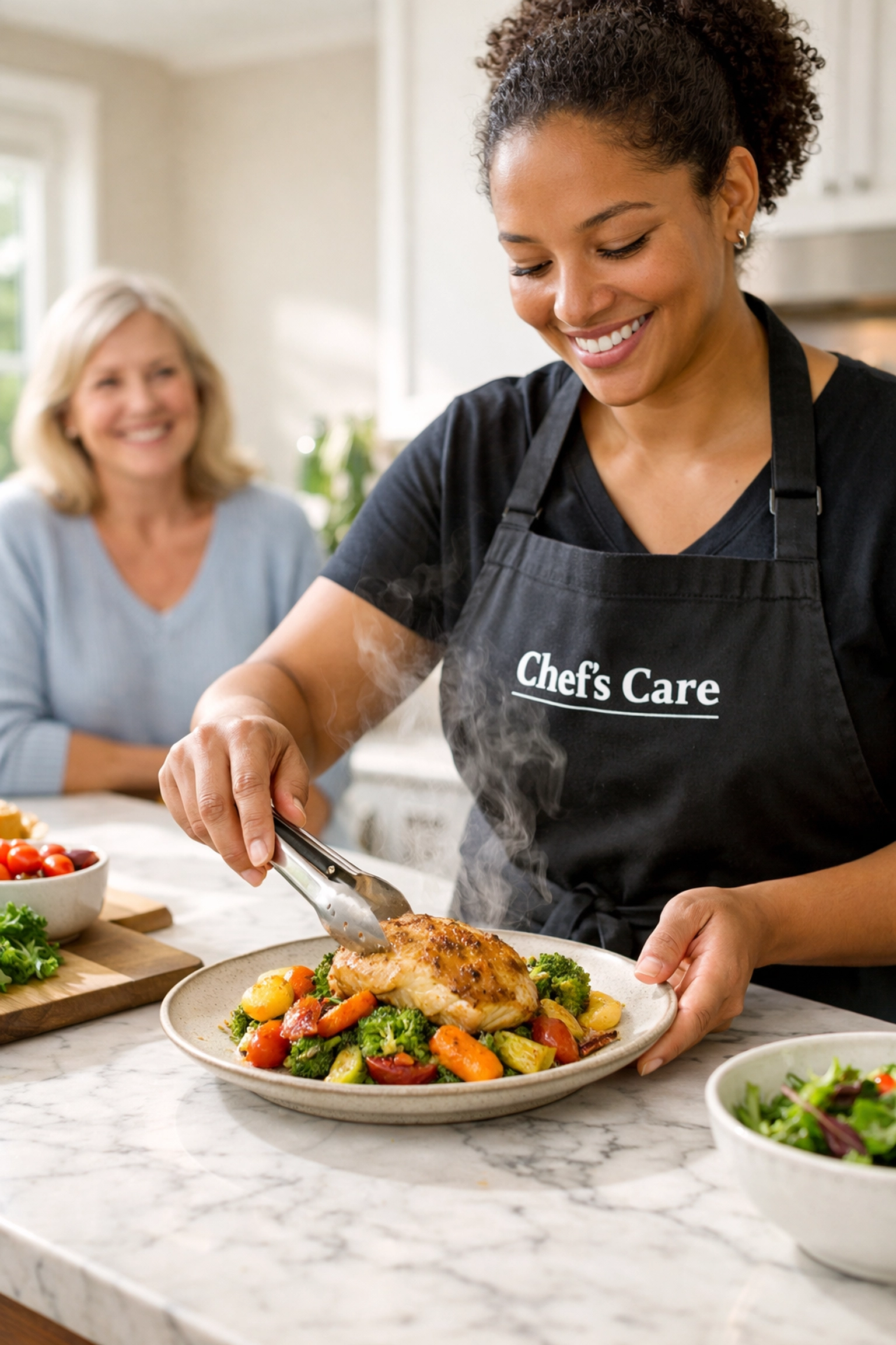 Culinary Associate plating a fresh, home-cooked meal in a North Shore kitchen.