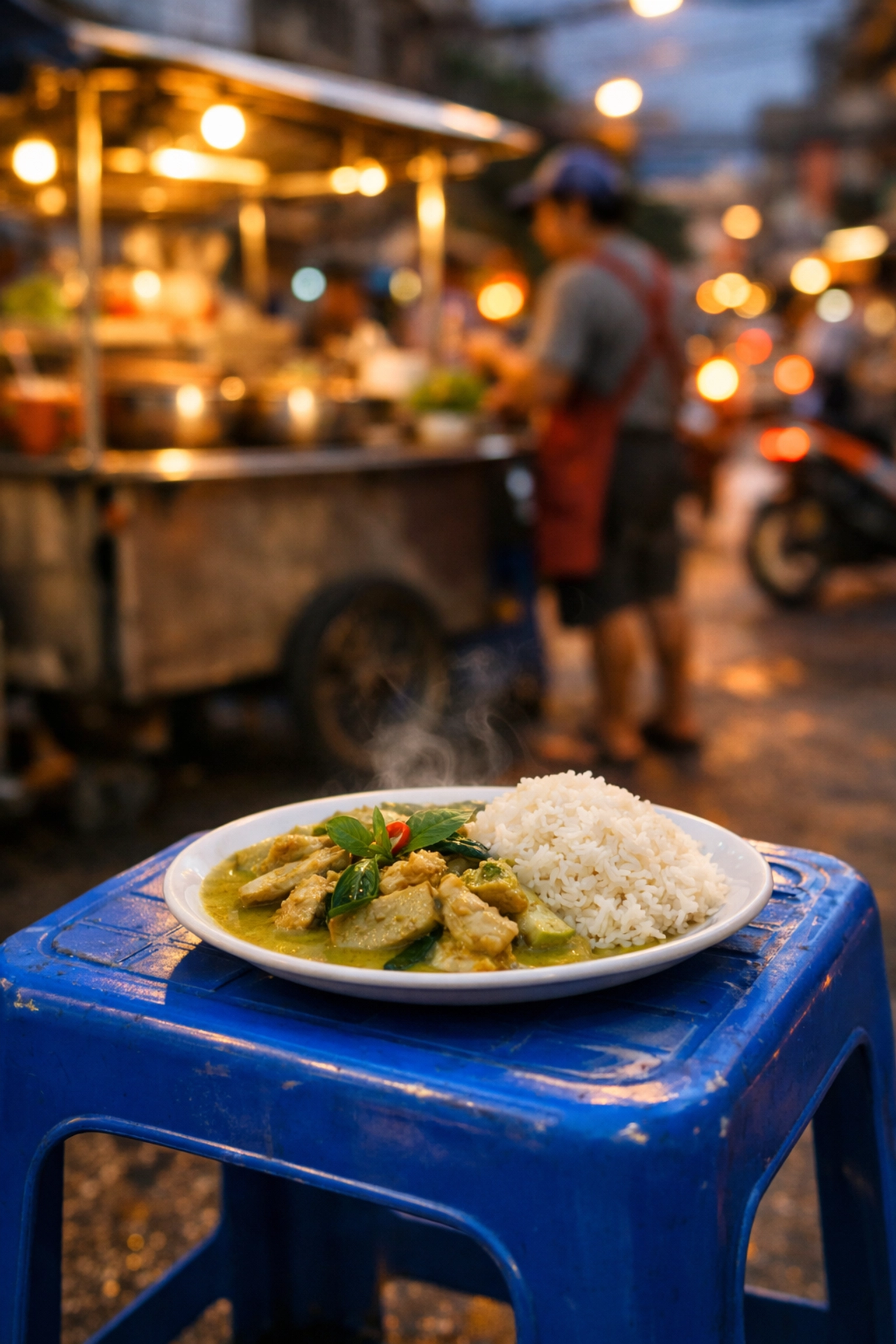 Thai green curry served on a plastic stool, a classic example of authentic Bangkok street food for travelers.
