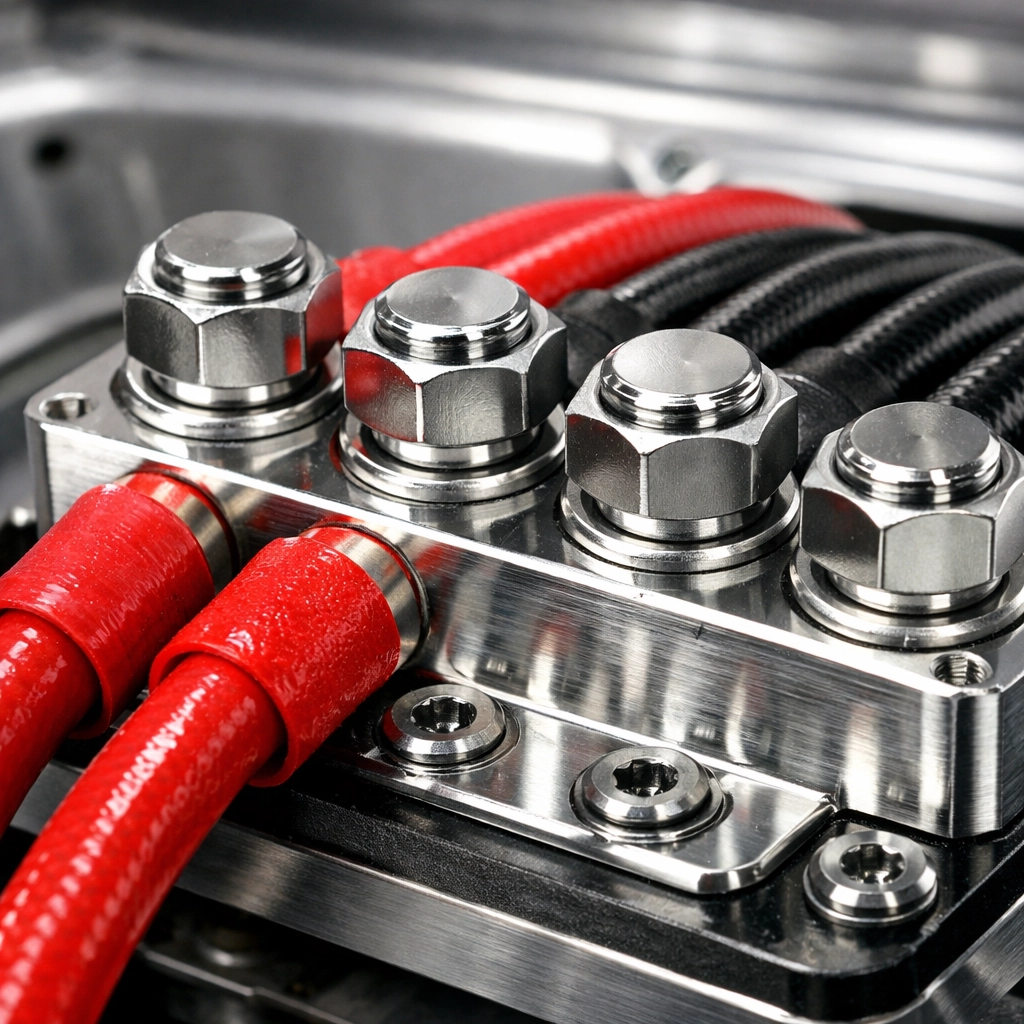 Professional automotive power distribution block with secure wiring for police vehicle upfitting.