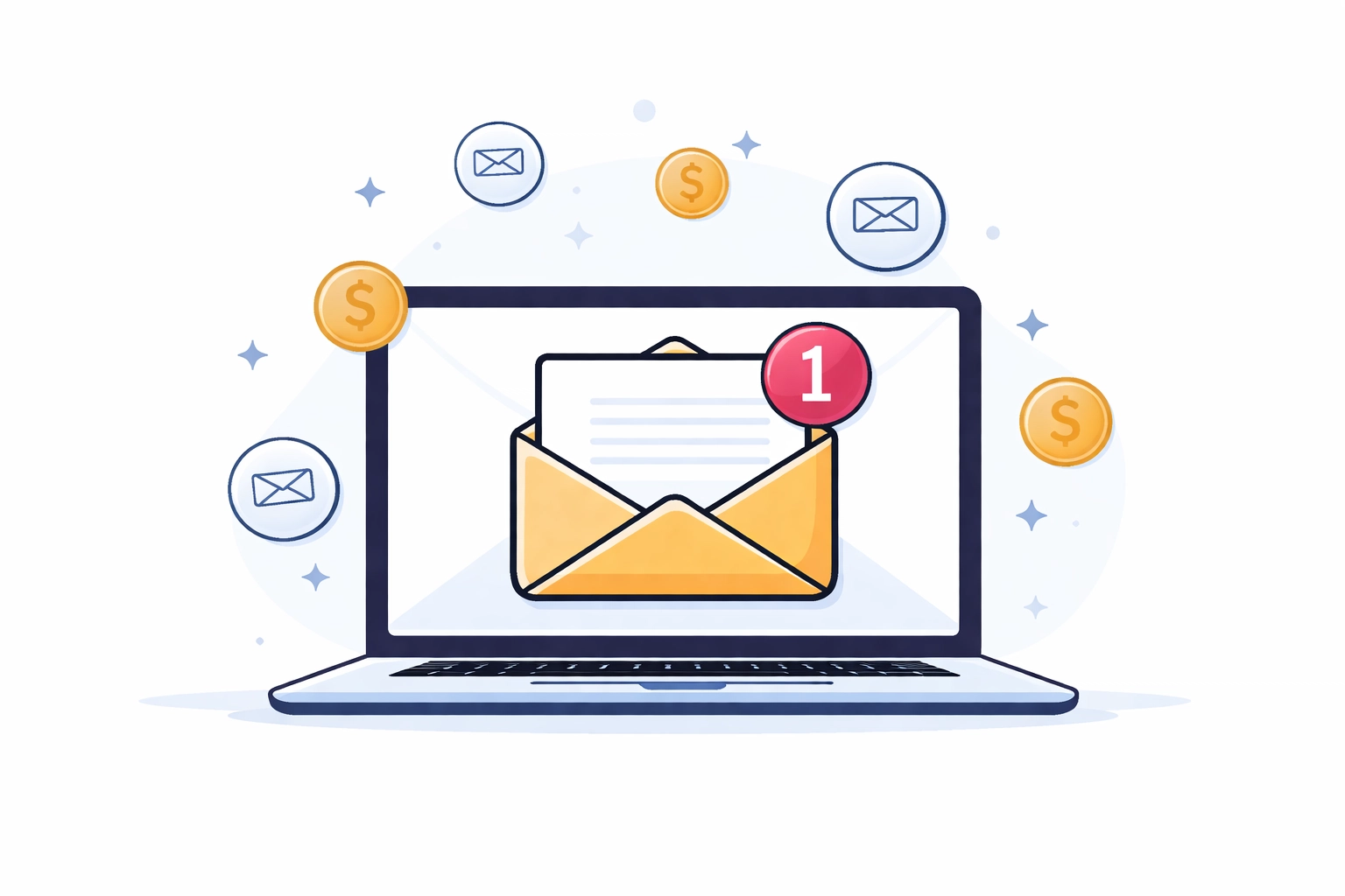 Laptop with email icons and dollar signs illustrating email marketing ROI for small businesses