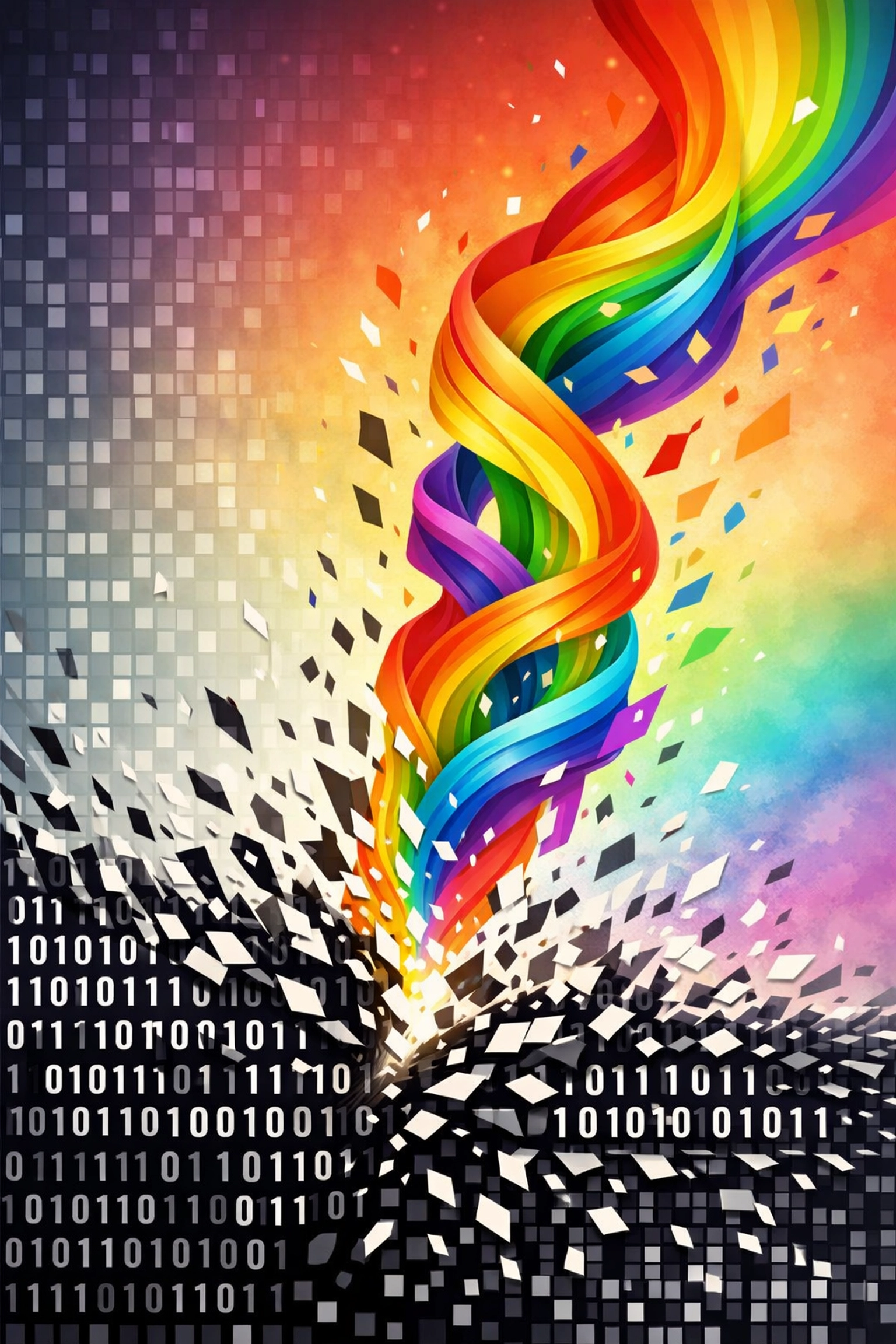 Binary code shattering into rainbow colors symbolizing breaking free from gender norms