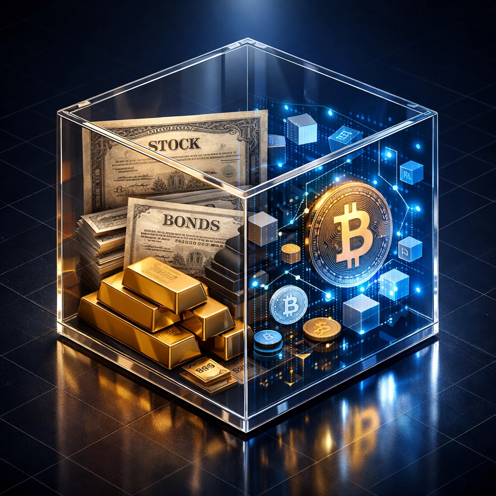 Traditional portfolio assets blending with digital assets like Bitcoin in hybrid investment framework