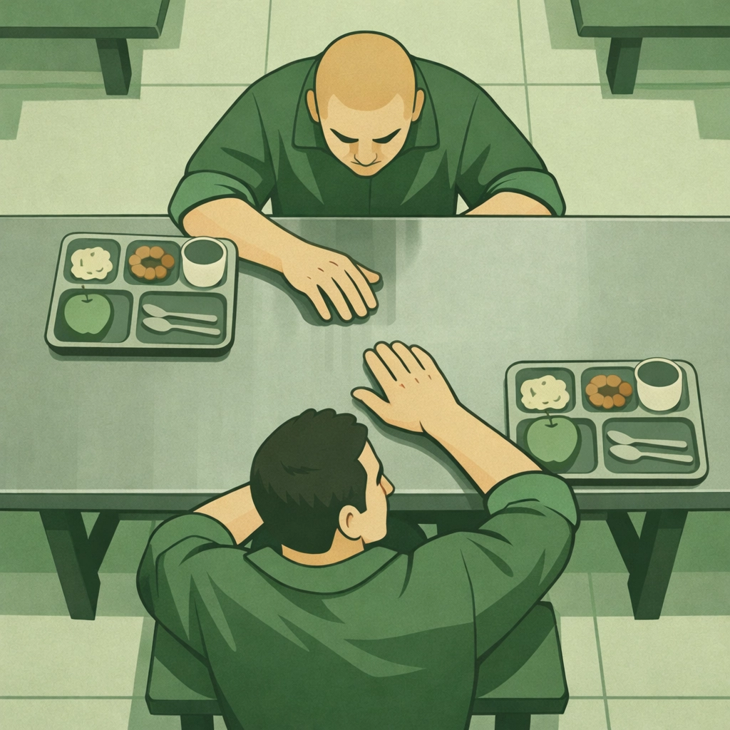 MM romance scene: two men tapping rhythms across mess hall table