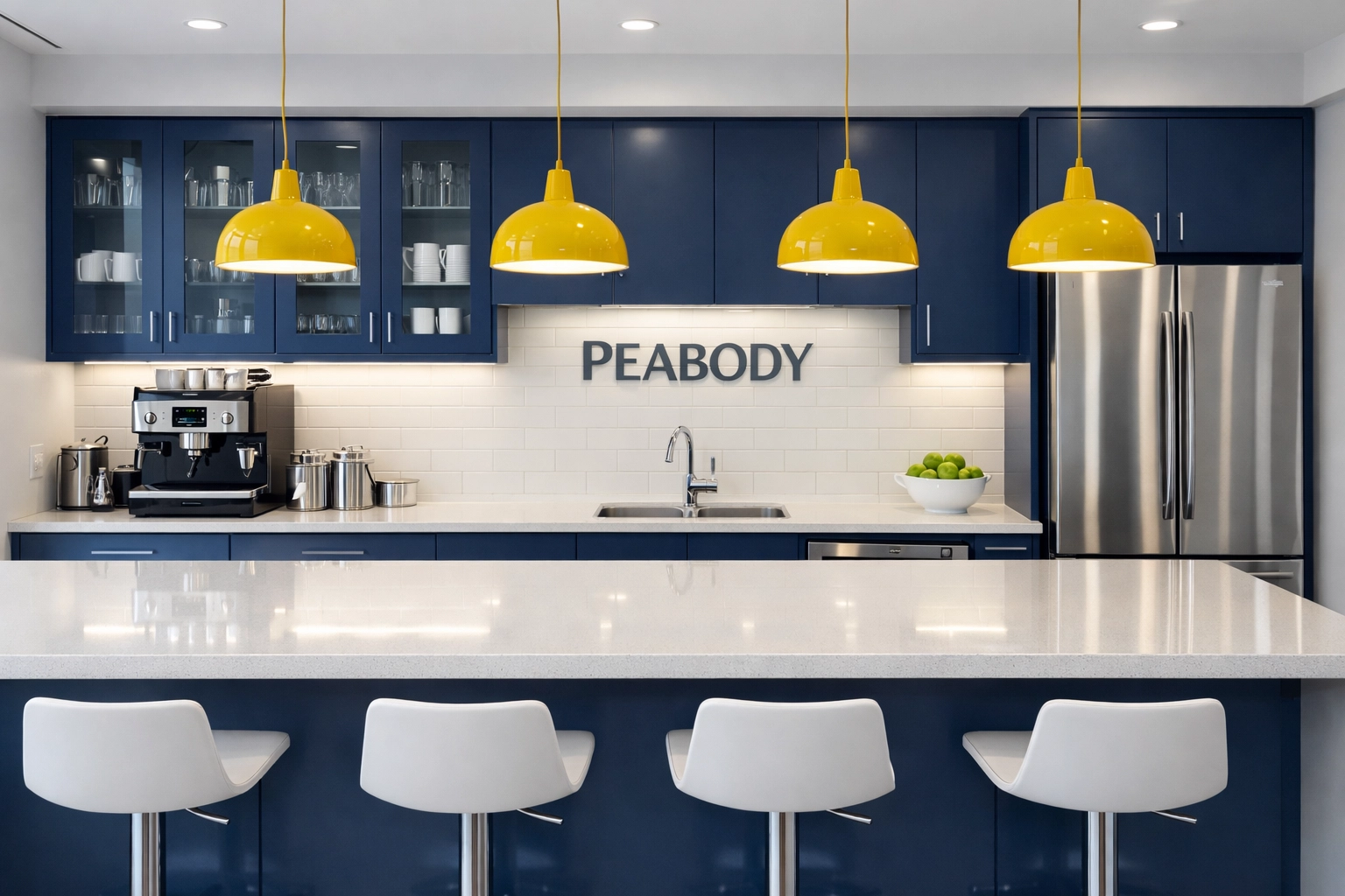 Clean corporate breakroom in a Peabody office complex featuring customized janitorial surface care.