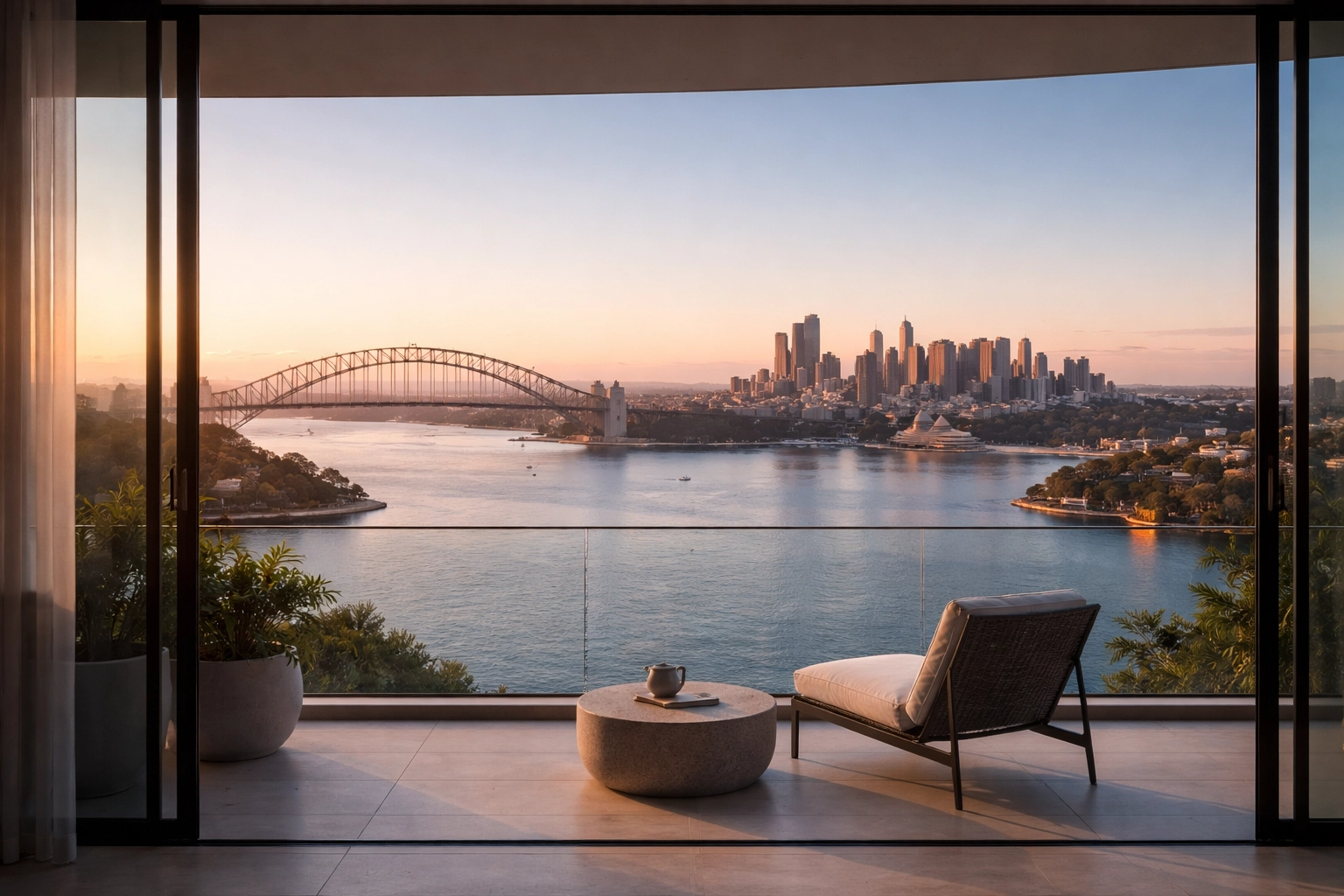 Sydney Harbour view from a modern apartment balcony at sunset, representing the dream of homeownership in Sydney.