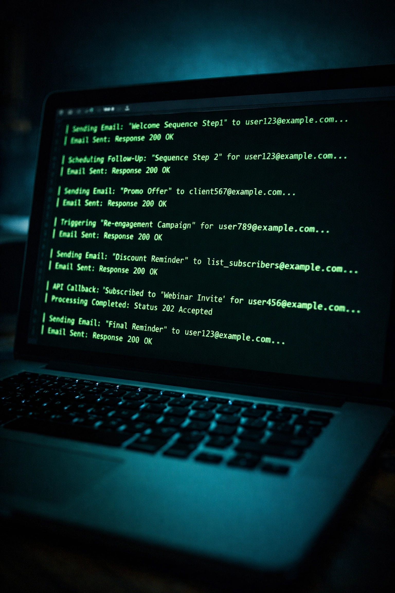 Laptop screen showing AI agent automation running email sequences in terminal