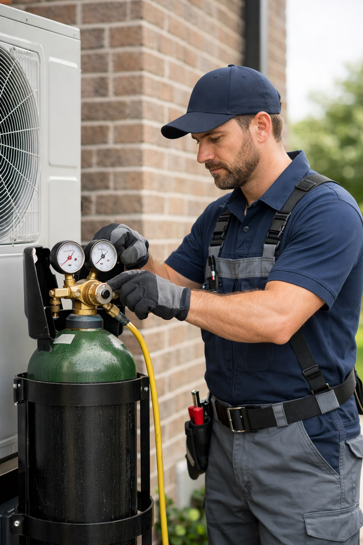 HVAC technician using an industrial nitrogen cylinder to service a modern air conditioning unit.