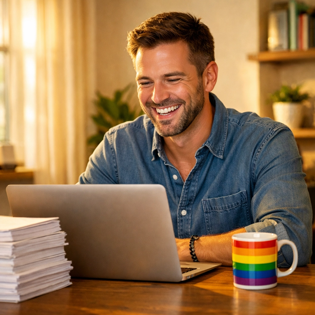 A successful gay author smiling at his laptop while managing high royalties on his seller dashboard.