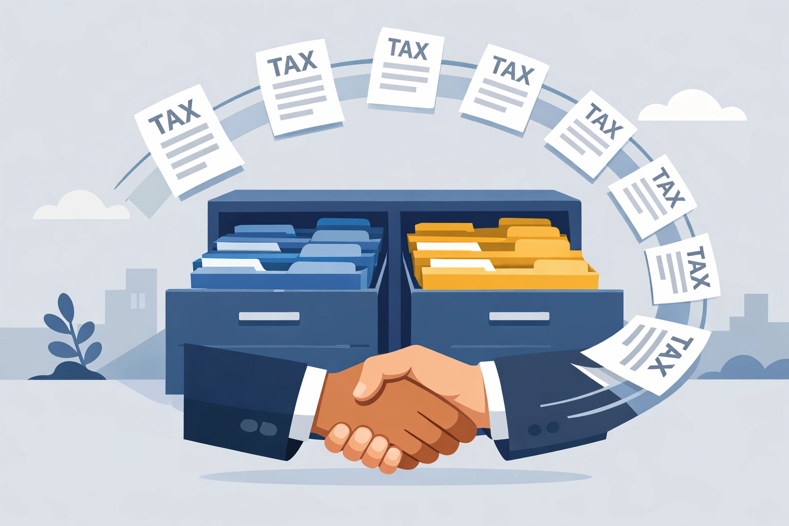 Professional tax preparation New Haven showing organized documents and a secure client handshake.