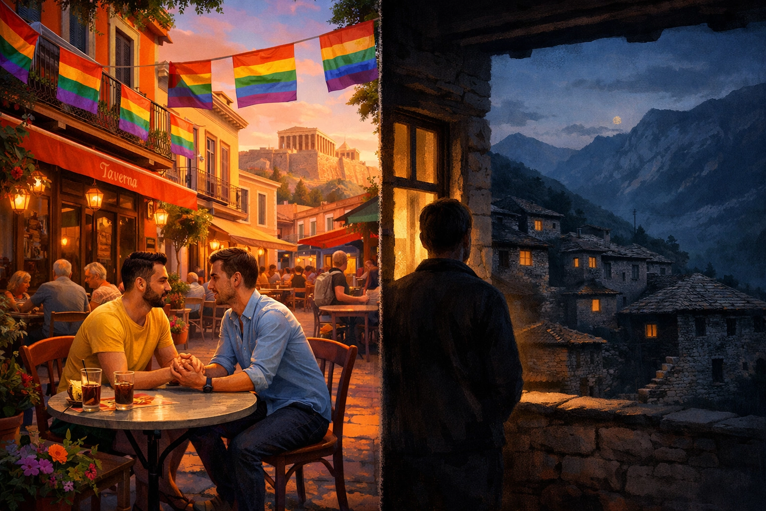 Contrast between vibrant Athens LGBTQ+ café scene and rural Albanian village - cross-border gay life