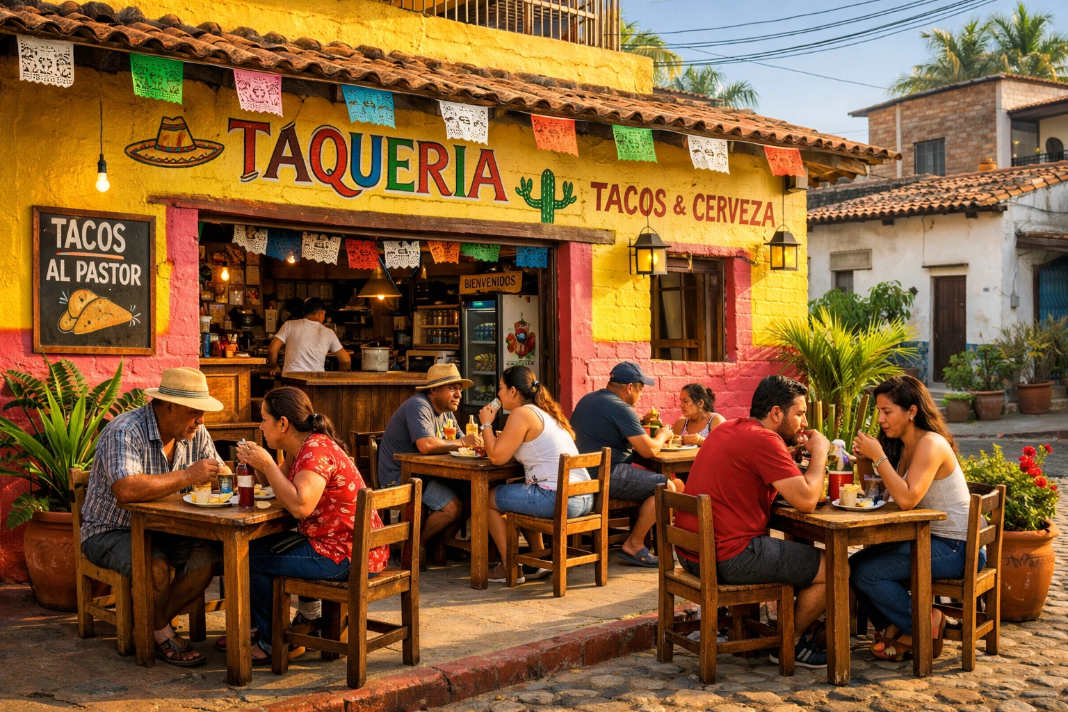 Family-owned taqueria in Old Town Puerto Vallarta with locals enjoying authentic tacos