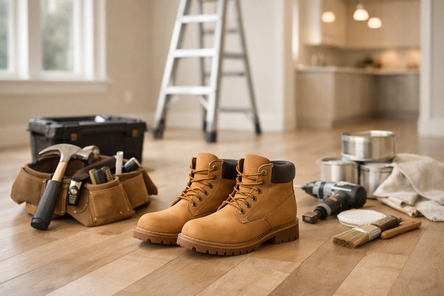Steel-toed work boots and contractor tools at a job site to represent safety equipment purchases and organized bookkeeping for service-based businesses.
