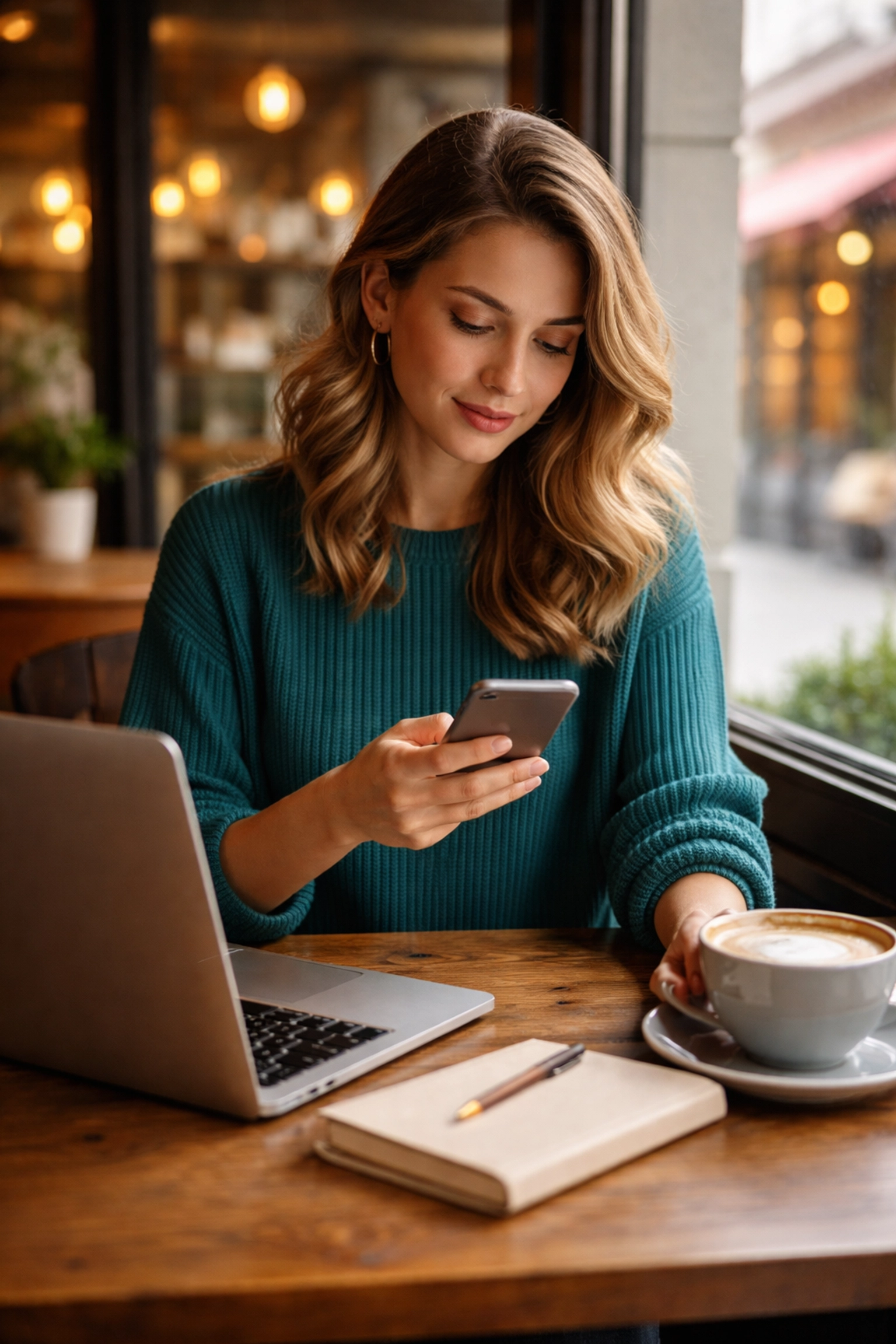 Young professional uses laptop and smartphone in cafe, showing multichannel customer engagement.