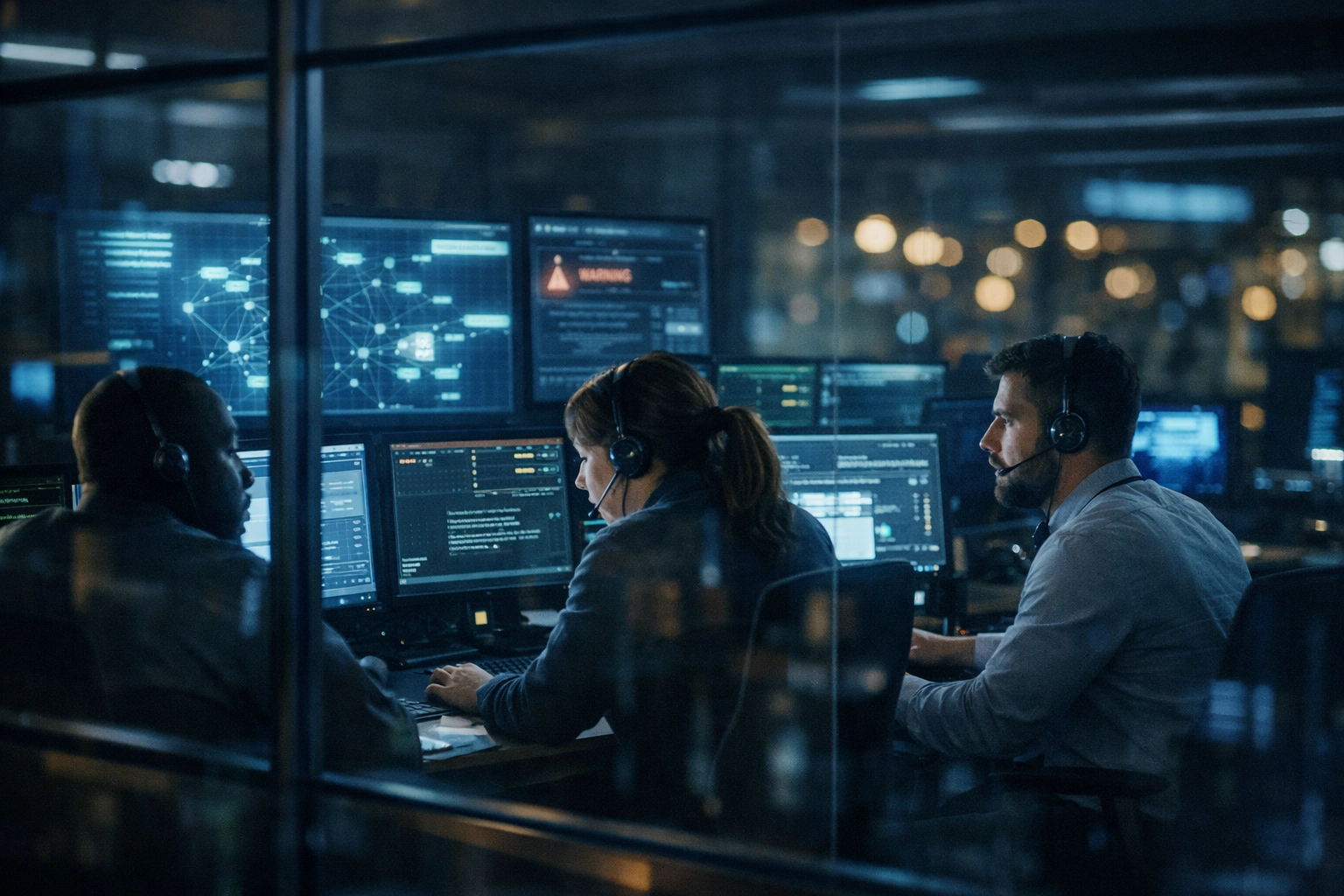 IT support team monitoring networks in 24/7 operations center