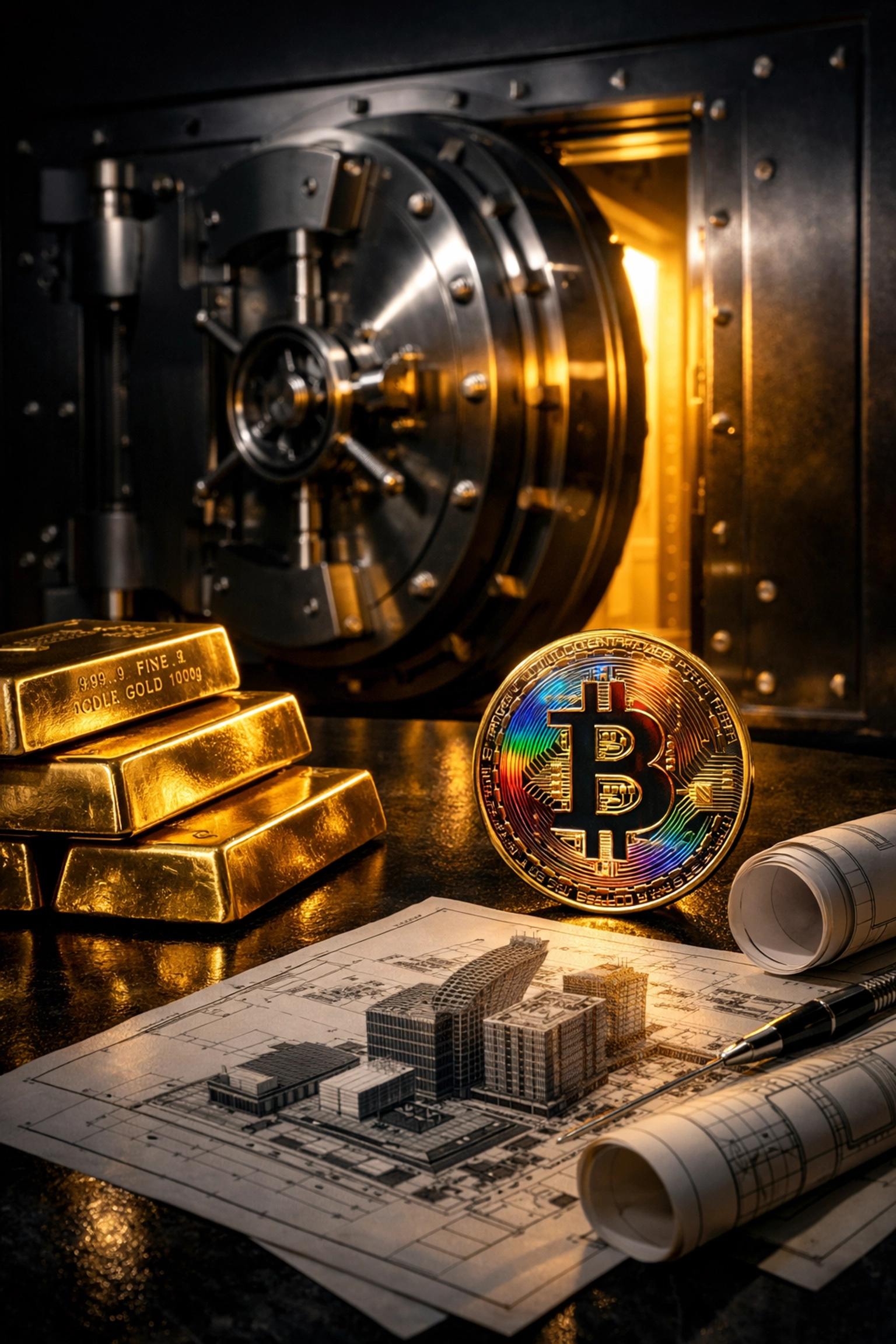 Gold bars, Bitcoin, and real estate blueprints representing diversified wealth preservation strategies