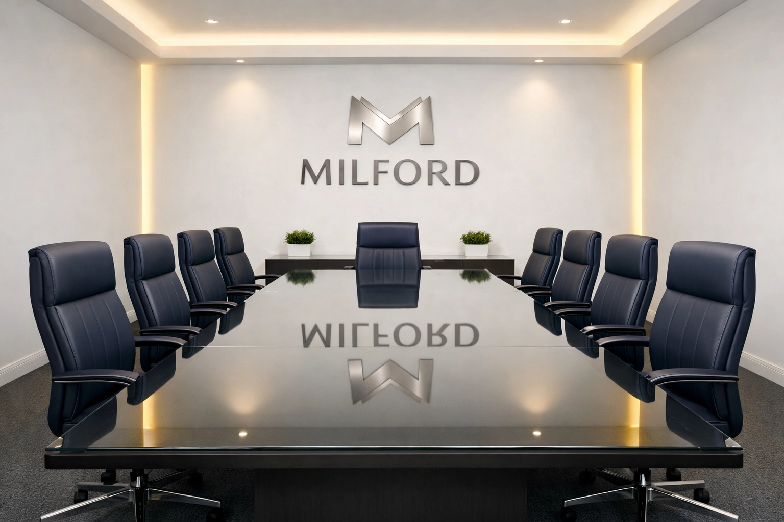 Sparkling clean conference room in Milford, Massachusetts, prepared for a productive meeting by professional cleaners.