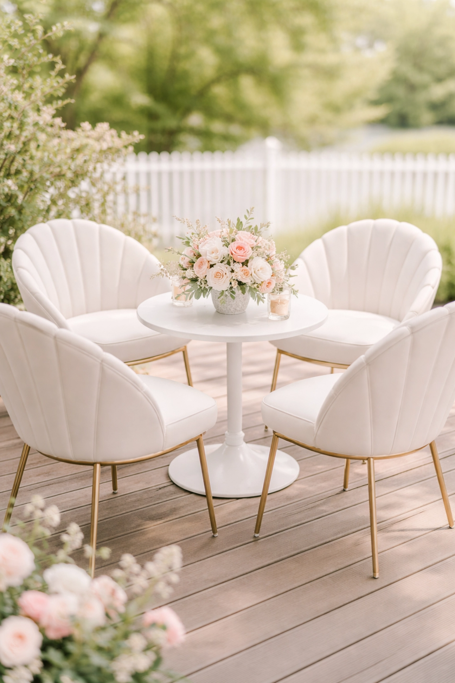 Cluster of elegant white fanback chairs around a round table on a small deck, showcasing smart seating ideas for backyard parties.